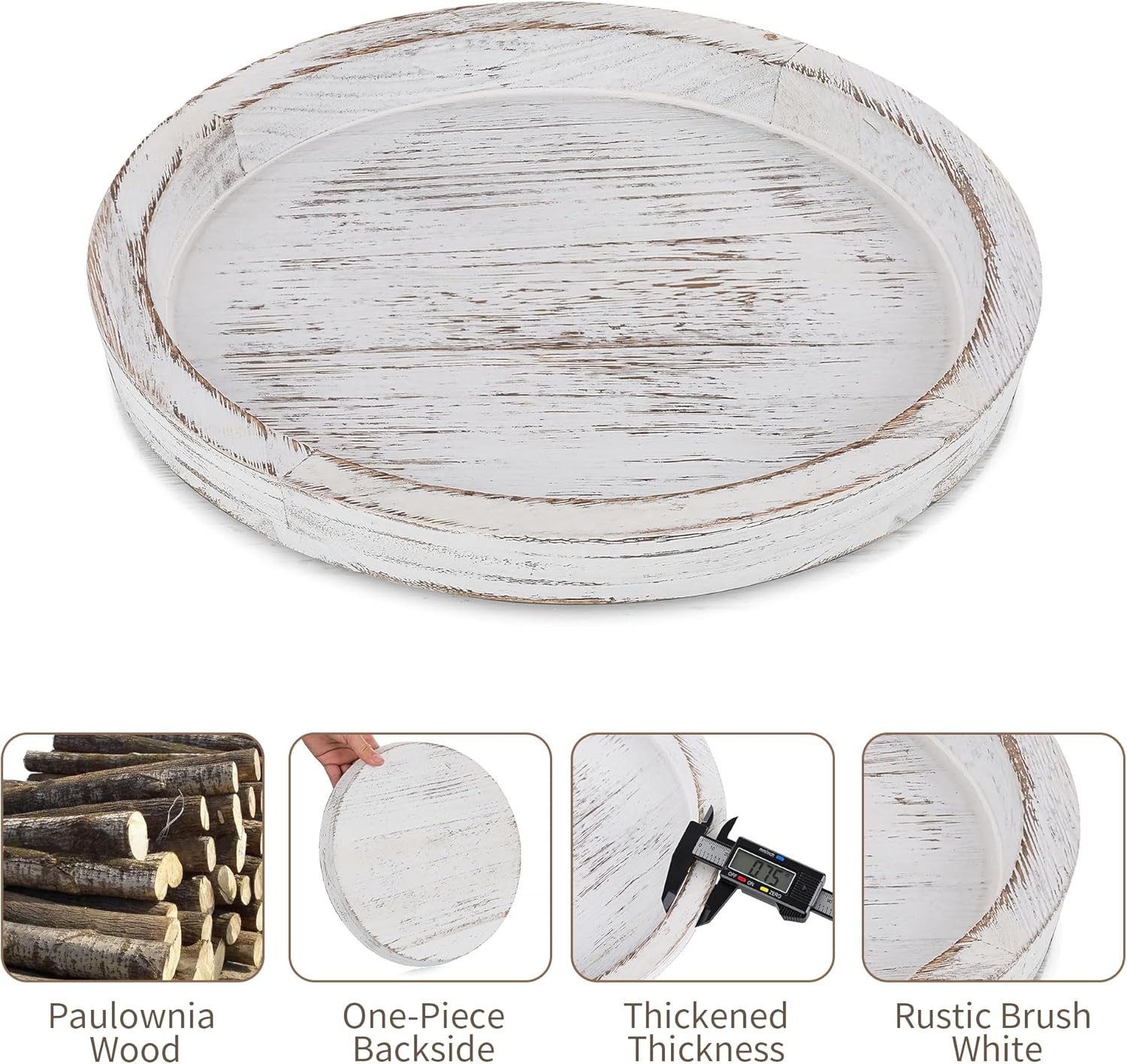 Farmhouse Round Tray White Wood Rustic Decorative for Coffee Table Candle