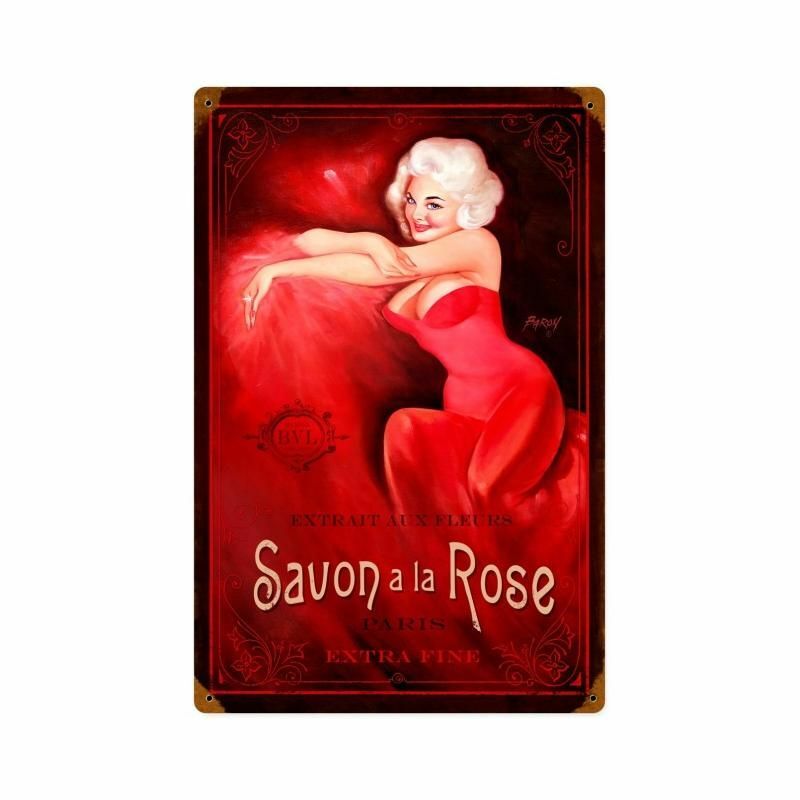RISQUE PINUP SAVON A LA ROSE PARIS EXTRA FINE HEAVY DUTY USA MADE METAL ADV SIGN RISQUE PINUP SAVON A LA ROSE PARIS EXTRA FINE HEAVY DUTY USA MADE METAL ADV SIGN