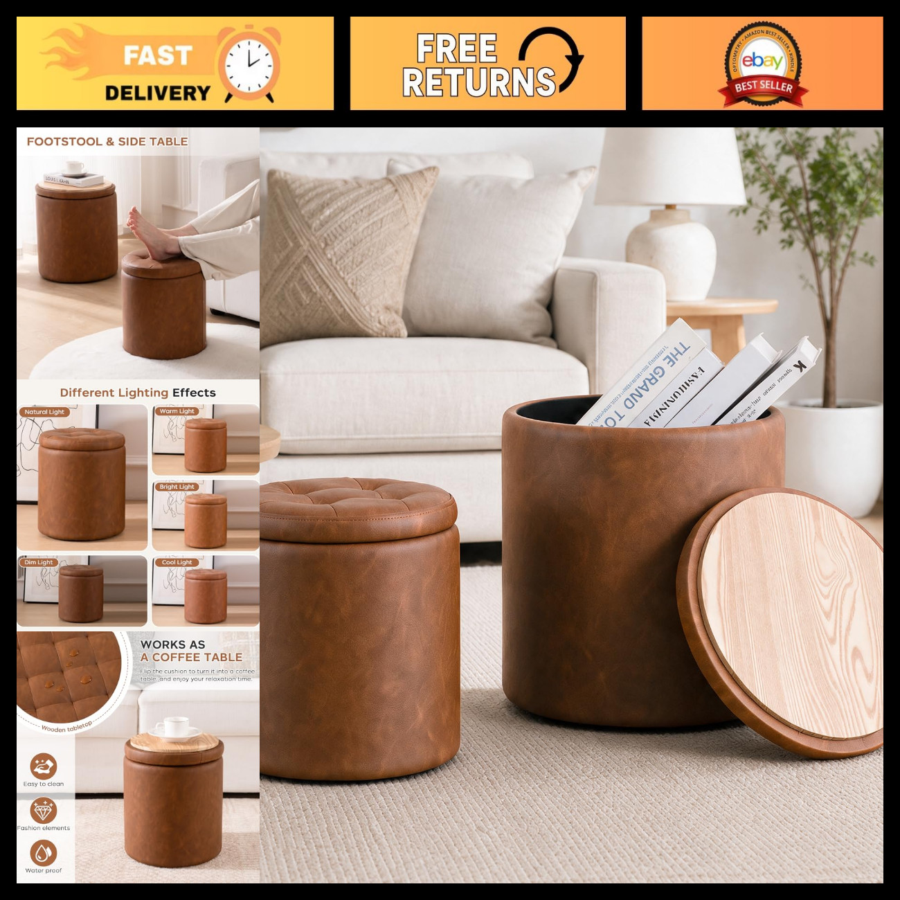Leather Storage Ottoman Round, Foot Stool with Storage for Living Room
