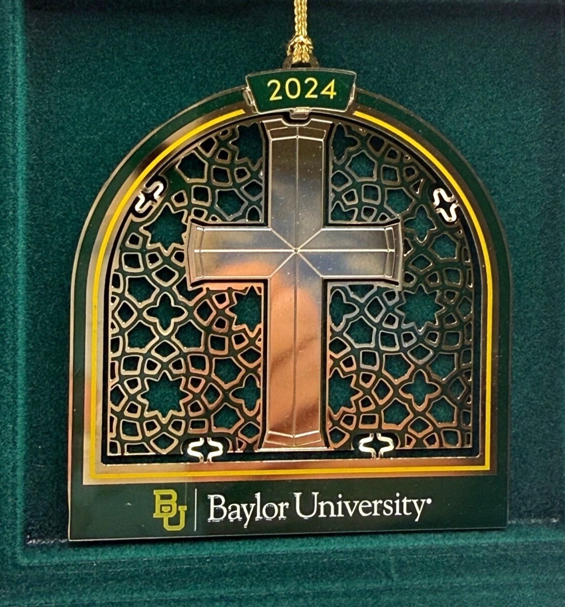 Baylor University Christmas Ornament 2024 Robbins Chapel Brass Plated Cross Box