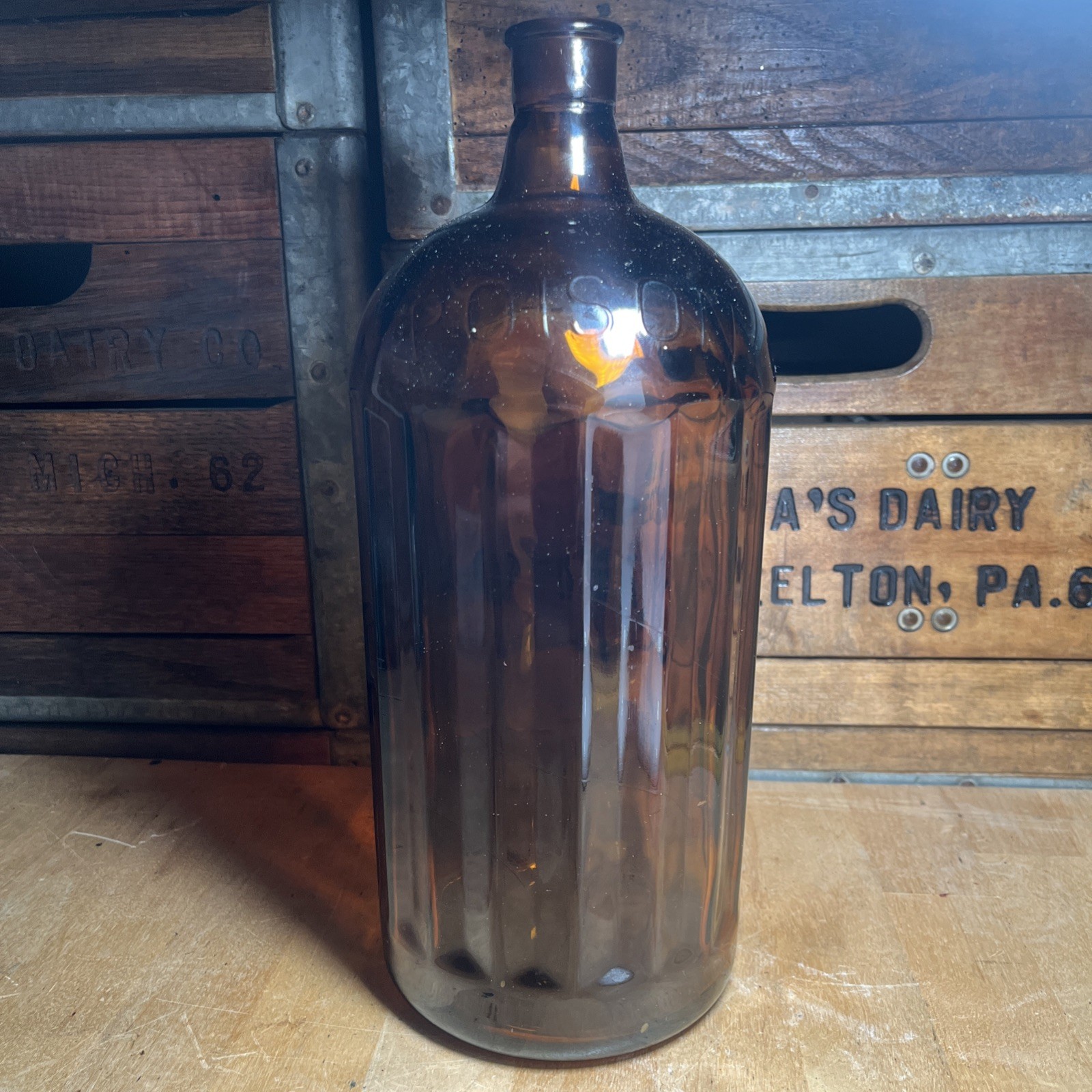 Huge Antique Ribbed Poison Bottle Brown & Amber Swirls 12.50 Inch Tall --- Q5 Huge Antique Ribbed Poison Bottle Brown & Amber Swirls 12.50 Inch Tall --- Q5