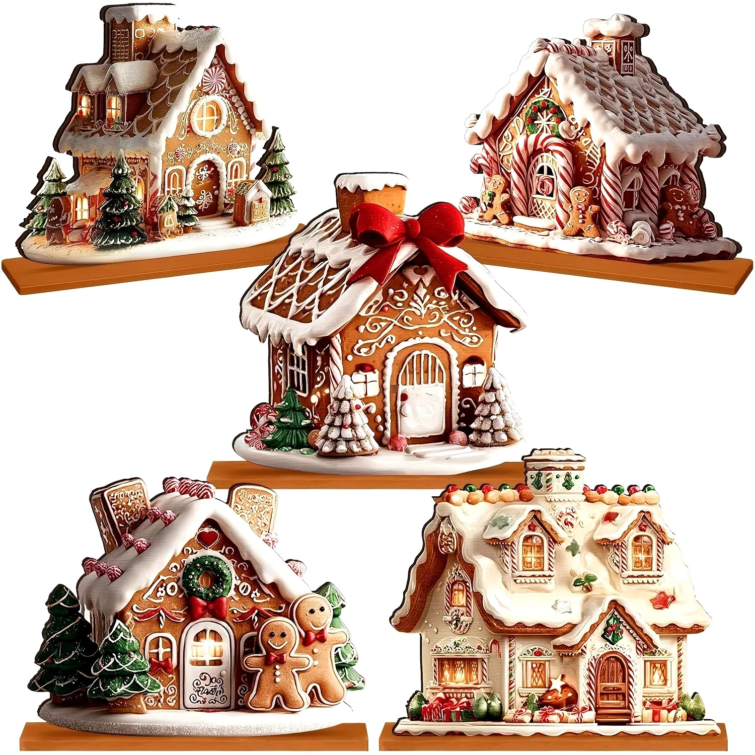 RattanView 5 Pcs Gingerbread Christmas Table Decor, Gingerbread Village Set
