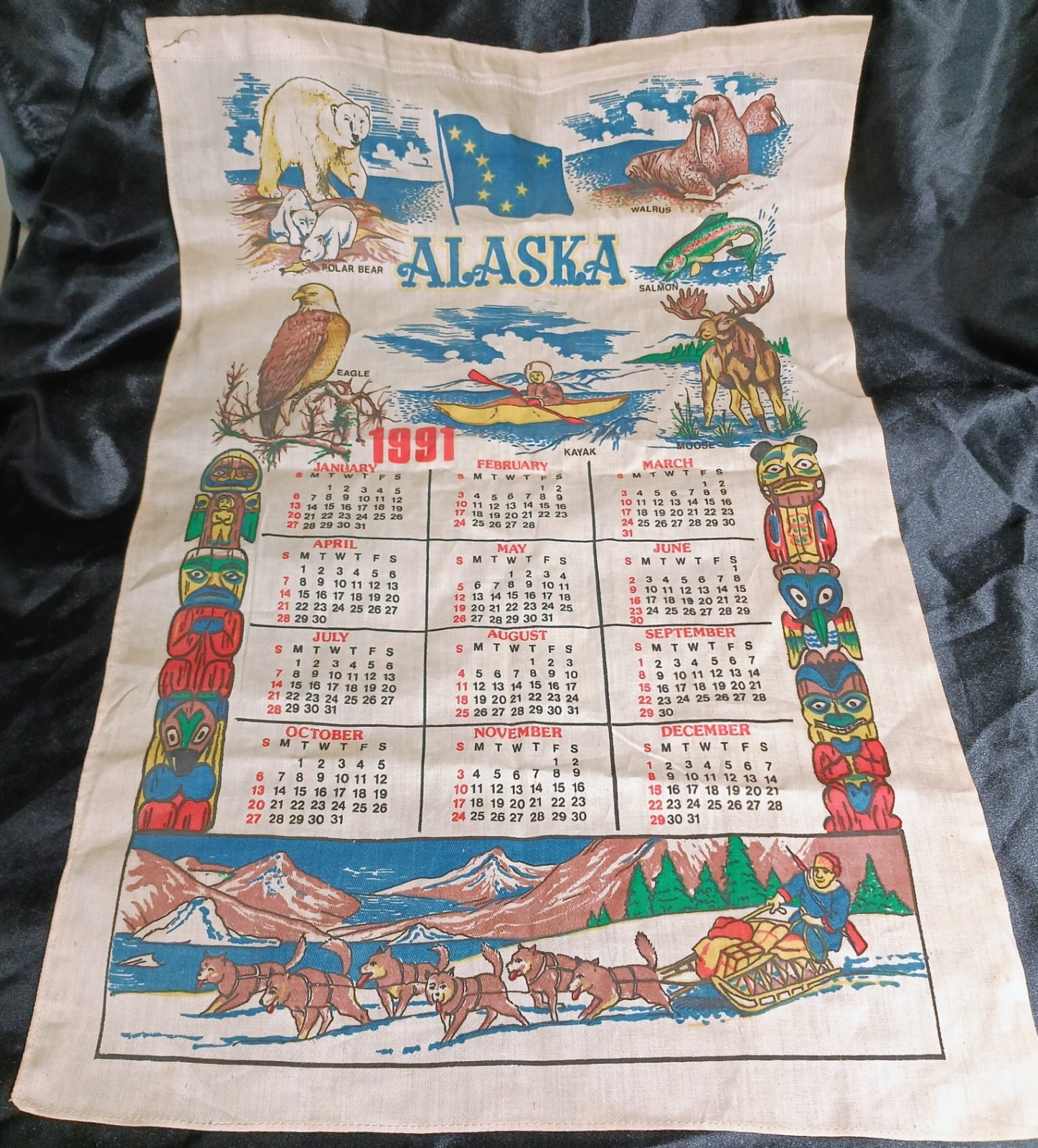 Vintage 1991 Alaska Calendar Towel Linen Kitchen Tea Cloth Wall Hanging 26x18