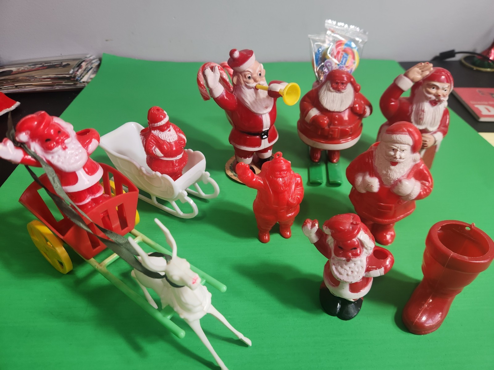 VINTAGE ROSBRO SANTA LOT OF 9 CANDY CART BUGGY SKIS HORN FIGURES