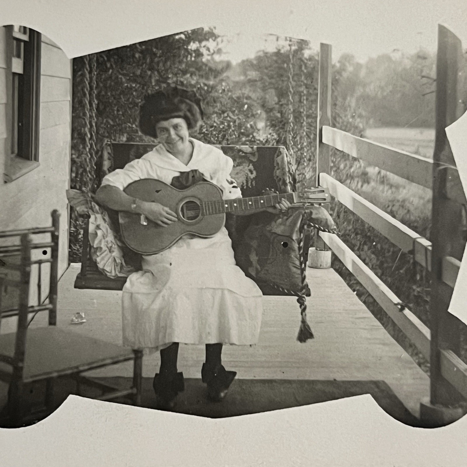 Antique RPPC Real Postcard Photograph Snapshot Woman Playing Guitar Masking