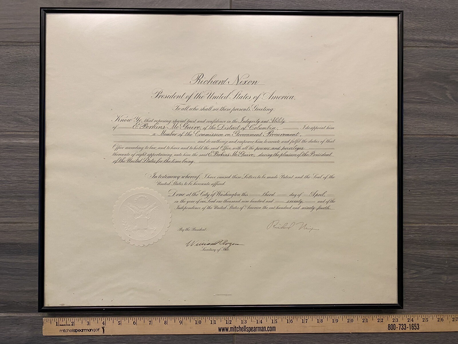 Richard M Nixon Signed Appointment with Presidential Seal & Secretary of State Richard M Nixon Signed Appointment with Presidential Seal & Secretary of State