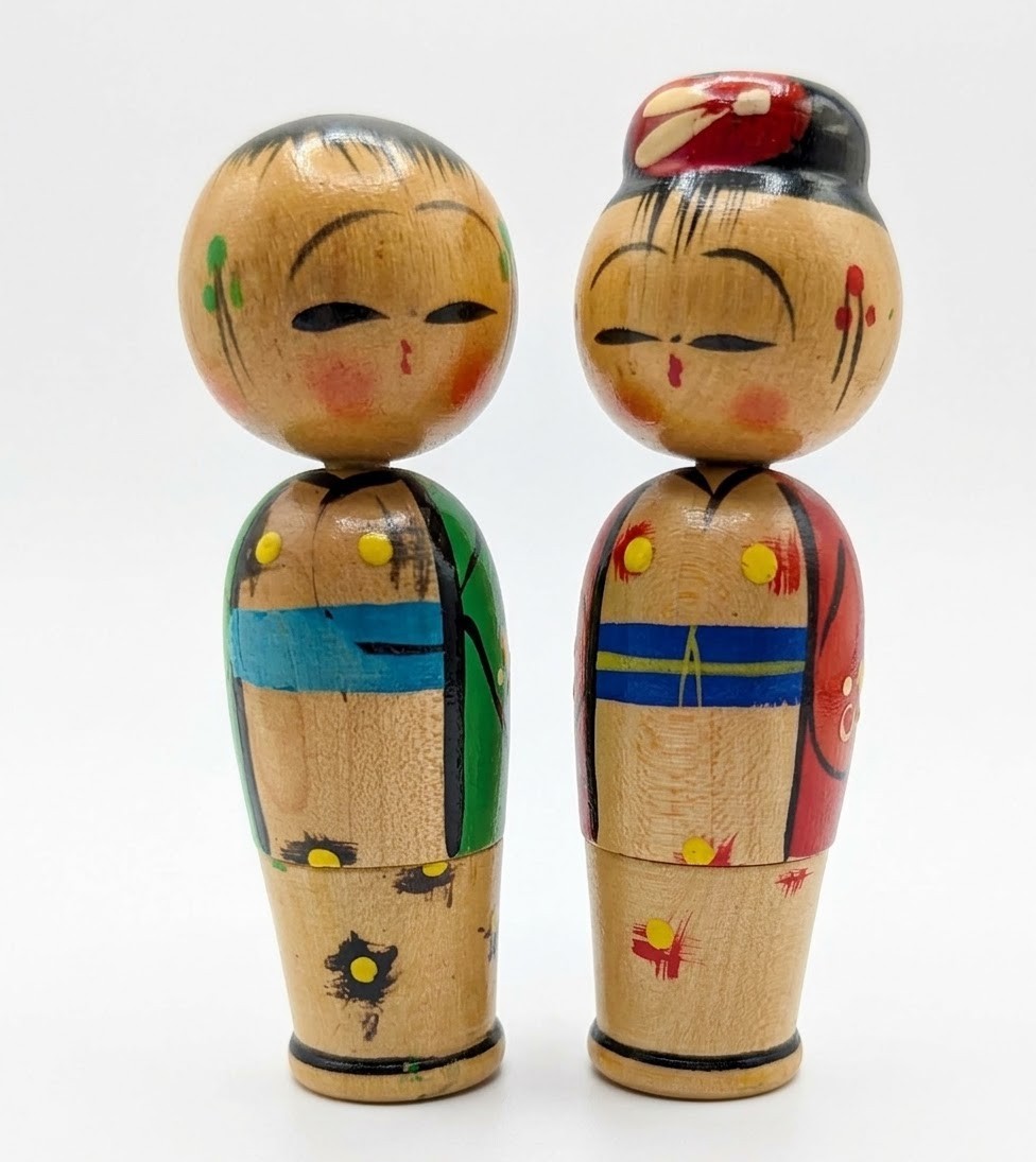 Japanese Handmade Kokeshi Dolls Pair (2) Wooden Hand Painted