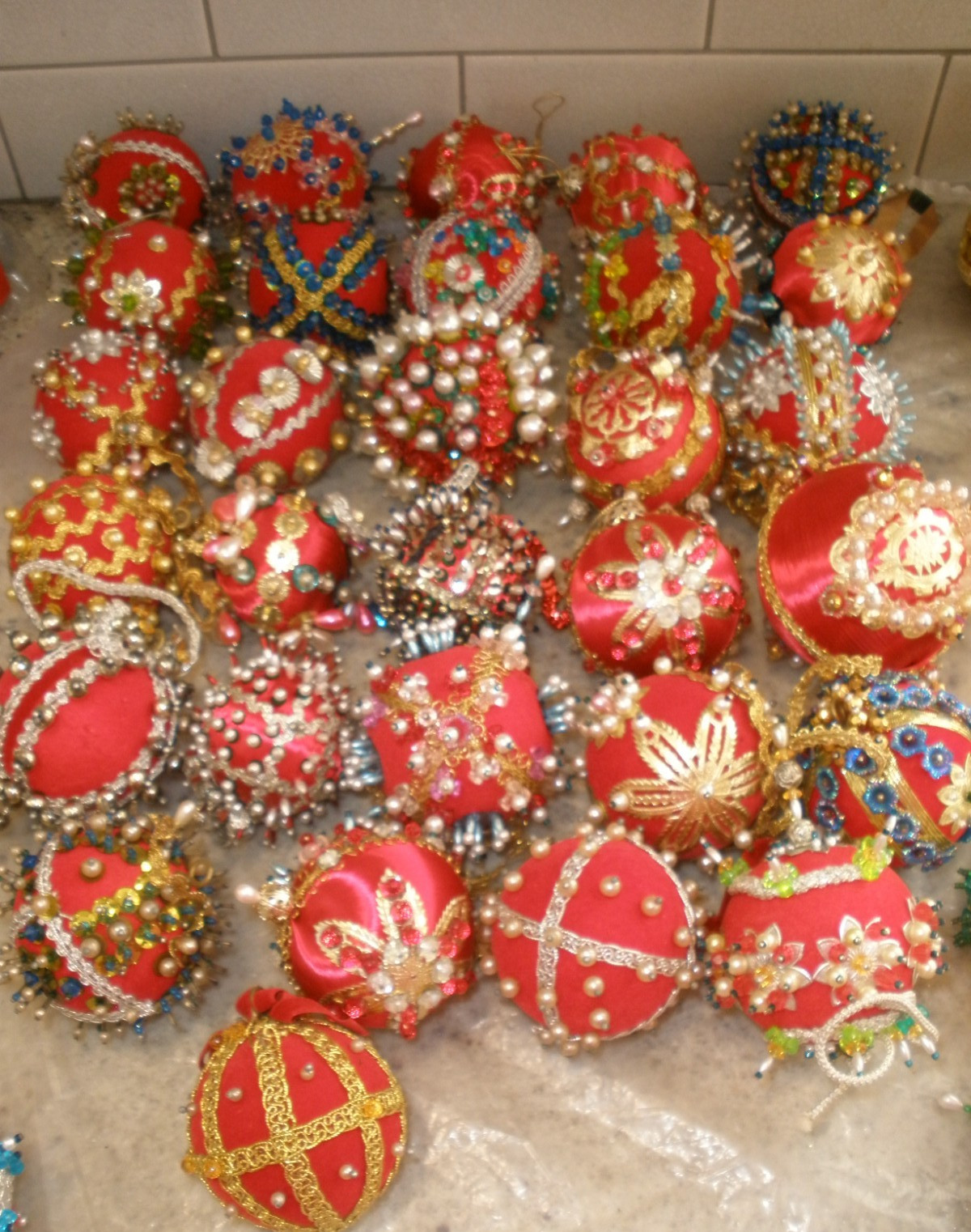 Lot of 30 Vintage Handmade Push Pin Bead Christmas Ornaments ALL RED