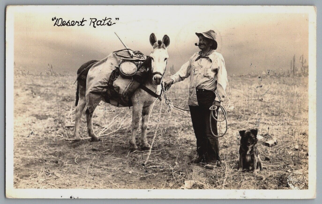 Frasher Foto Desert Rats prospector mule dog RPPC Postcard Bishop CA 1942
