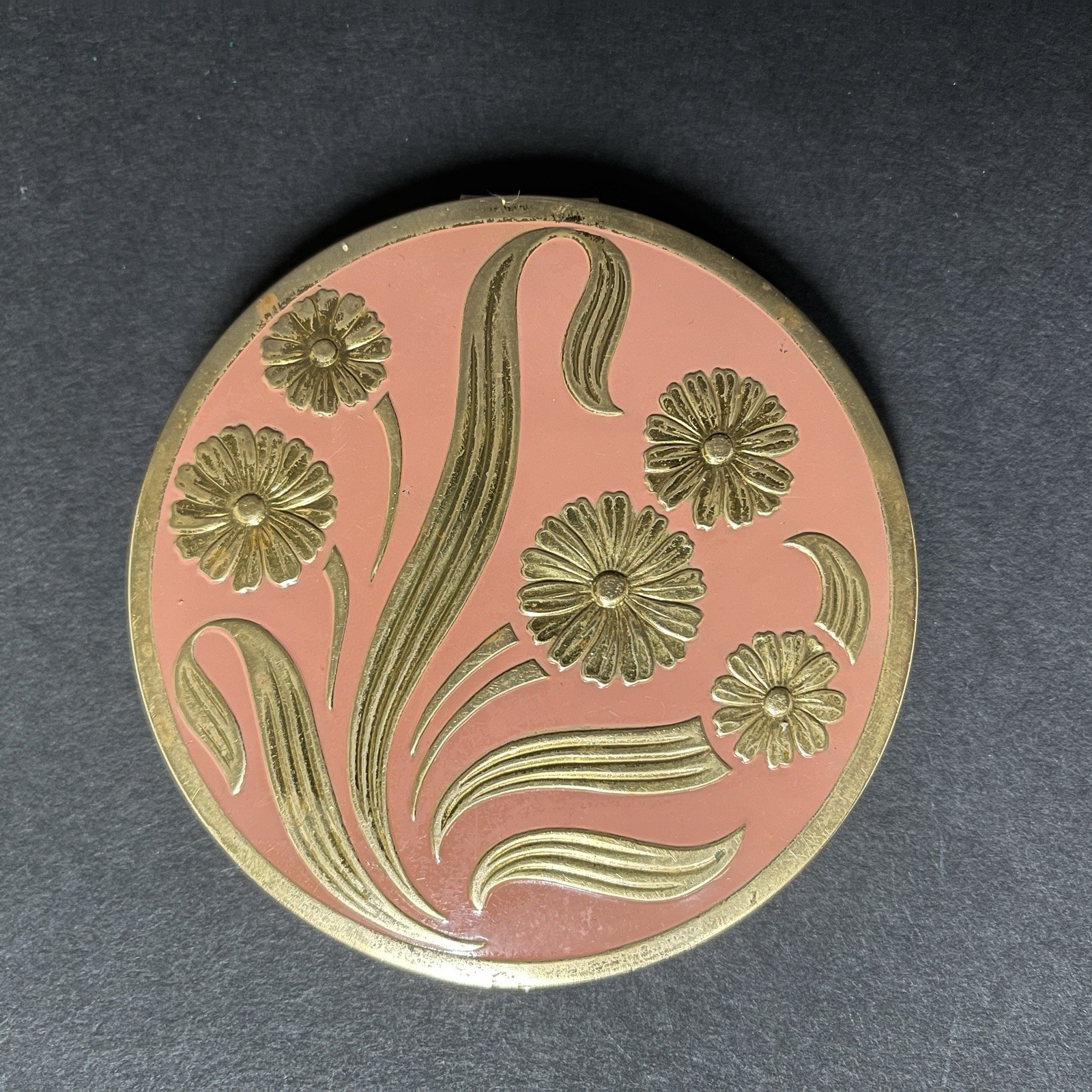 Vintage Pink Peach Gold Floral Powder Compact Daisy Design