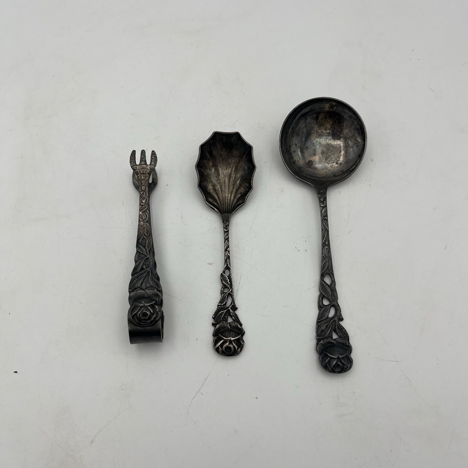 Vintage Set of 3 800 - 90 - Rose Design Sugar Tongs  And 2 Spoons