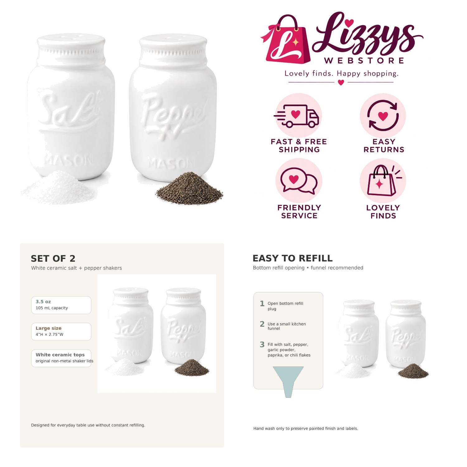 Elegant White Mason Jar Ceramic S&P Shaker Set – Large 3.5 oz, Farmhouse Style Elegant White Mason Jar Ceramic S&P Shaker Set – Large 3.5 oz, Farmhouse Style