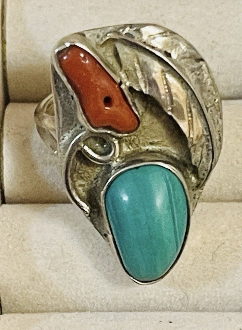 Vtg Old Pawn Native American Navajo Sterling Silver Turquoise Coral Ring Sz 9.5 Vtg Old Pawn Native American Navajo Sterling Silver Turquoise Coral Ring Sz 9.5