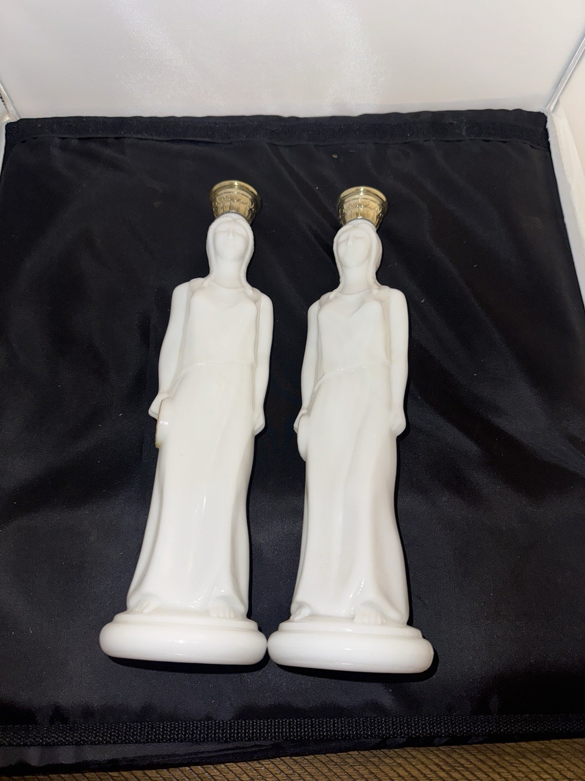 2~Vintage Avon Glass Female Bottle Milk glass Grecian Lady 1~Figurine Full