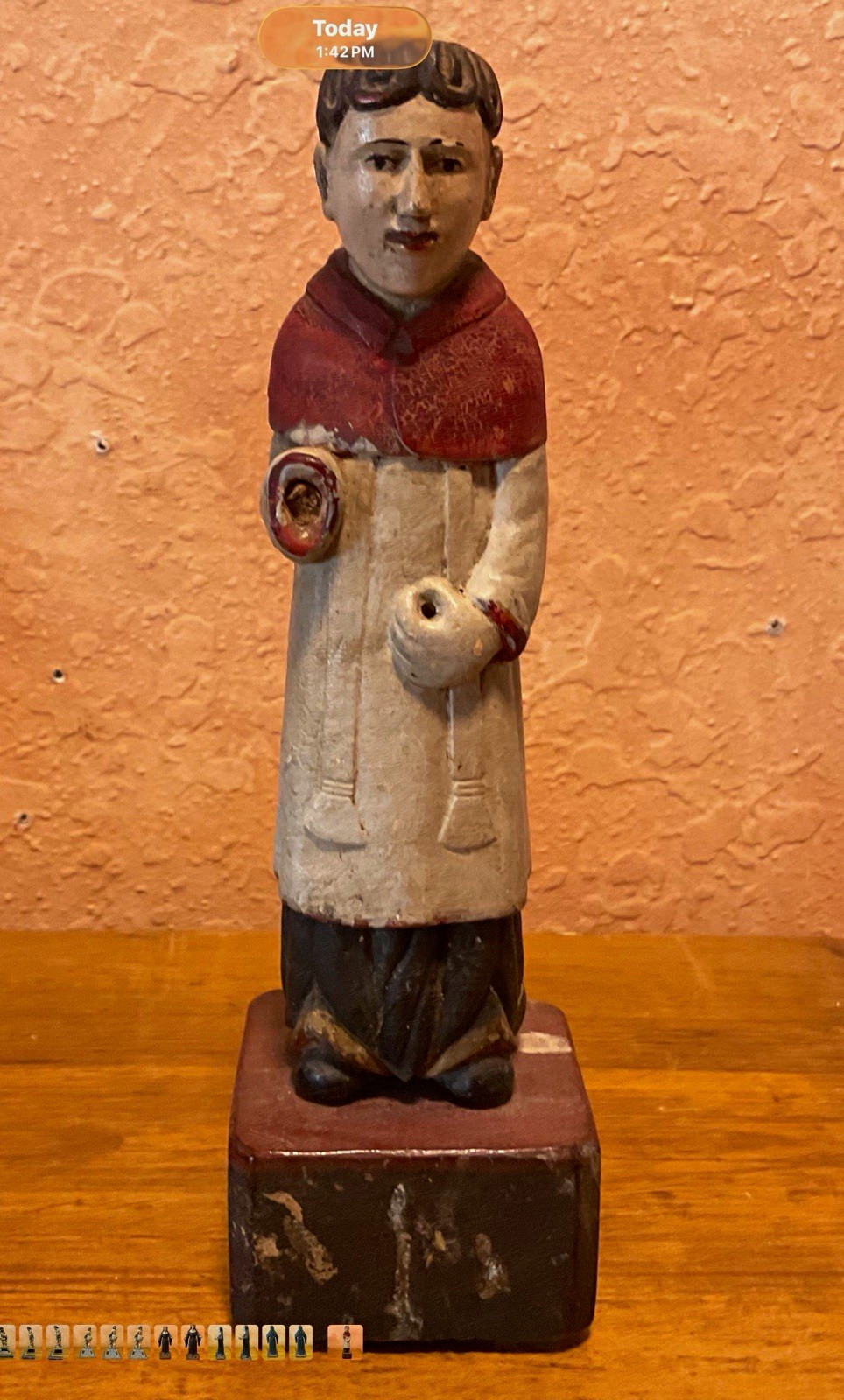 Hand Painted Hand Carved Wood Religious Figure Statue on Wood Base #8278