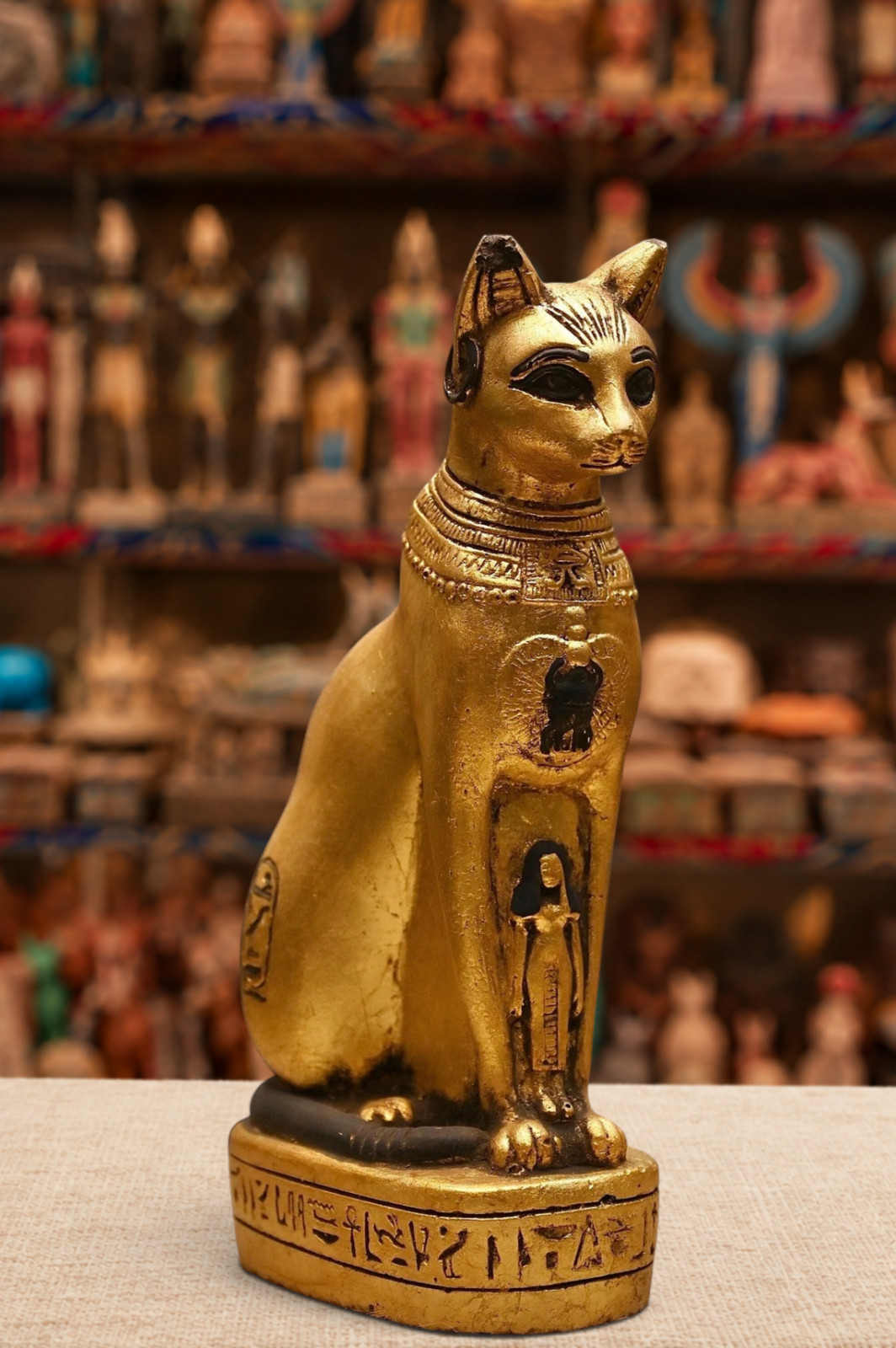 Museum-Quality Ancient Egyptian Bastet Cat Goddess Statue – Hand-Painted Golden