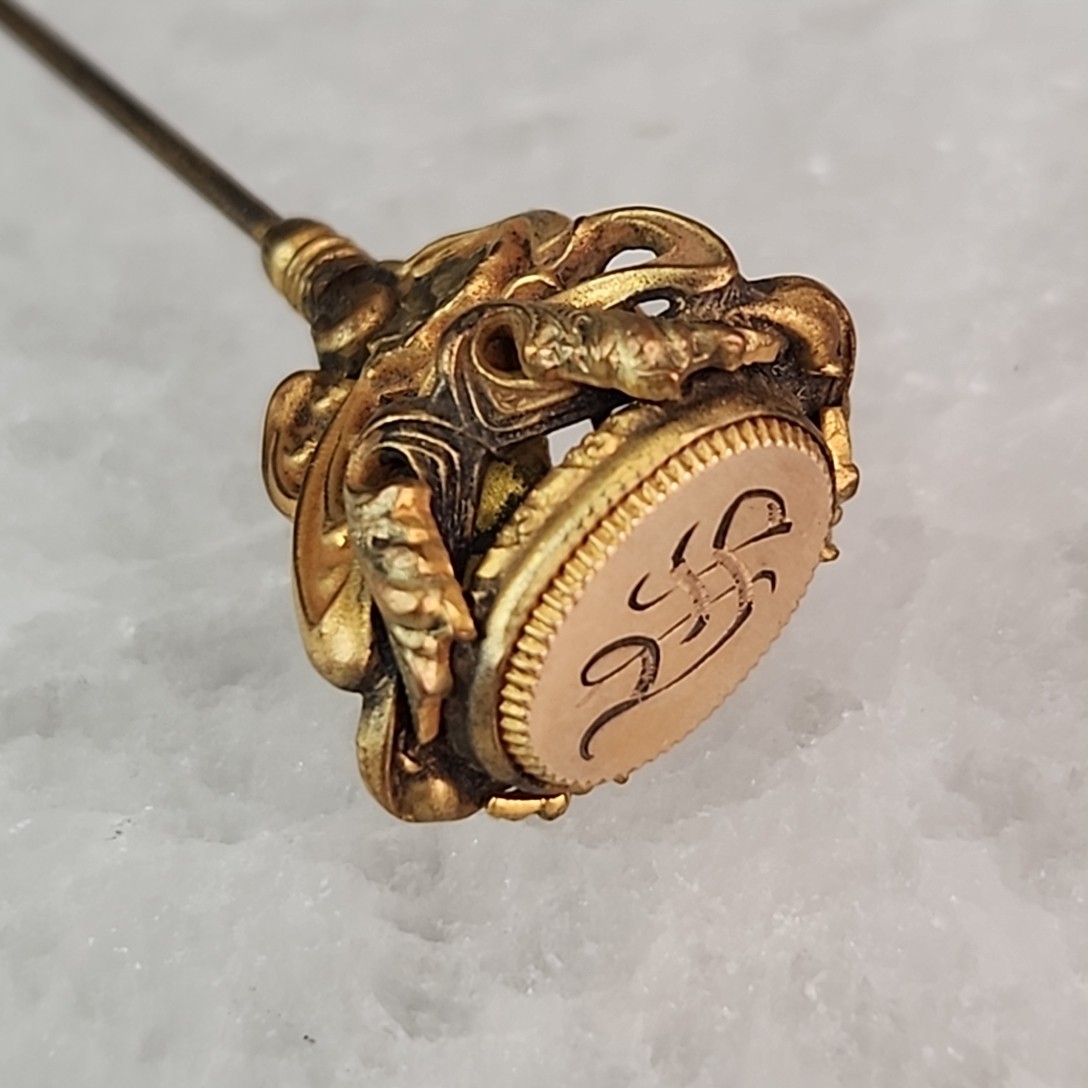 Antique Victorian Hat Pin Art Nouveau Etched Initial Gold Filled 10.5 Antique Victorian Hat Pin Art Nouveau Etched Initial Gold Filled 10.5