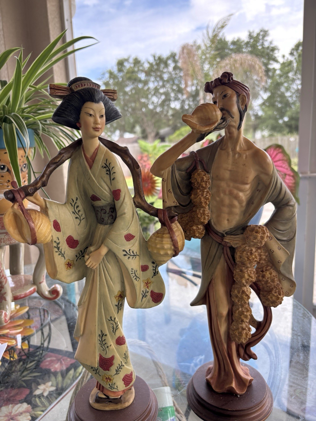 Vtg Pair Of Japanese Carved & Painted Resin Geisha $ Fisherman Sculpture.