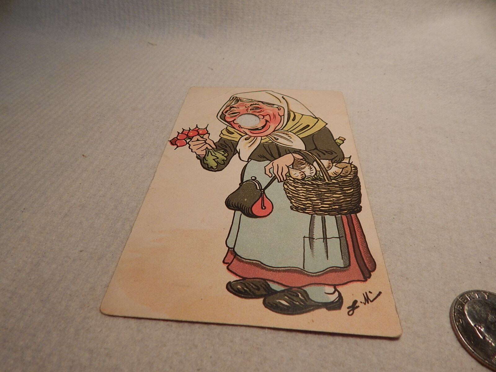 VTG 1907 POSTCARD COMIC OLDER LADY WITH RADISHES BEETS ? NO NOSE -YOUR FINGER VTG 1907 POSTCARD COMIC OLDER LADY WITH RADISHES BEETS ? NO NOSE -YOUR FINGER