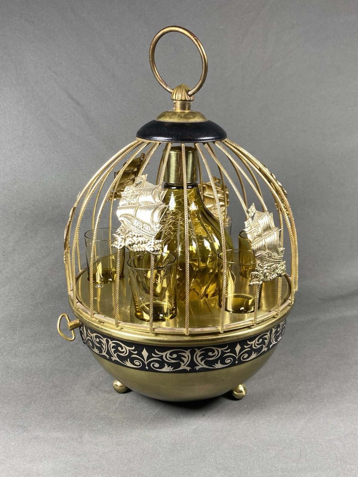 Vintage MCM Modern Brass Music Box Bird Cage Liquor Decanter Shot Glass Set READ Vintage MCM Modern Brass Music Box Bird Cage Liquor Decanter Shot Glass Set READ
