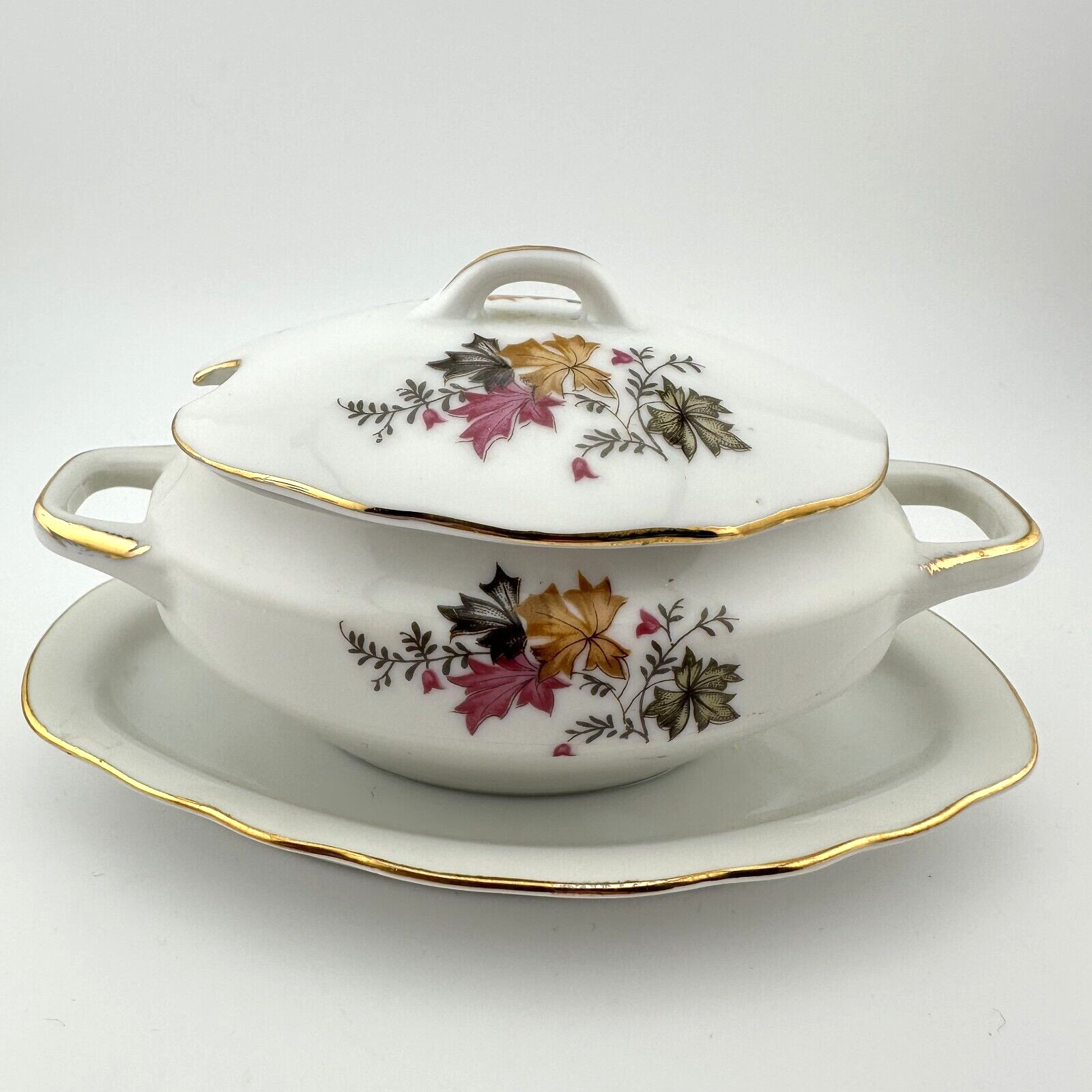 Vintage Covered China Sugar Bowl With Attached Dish Gold Trim Watkins Japan