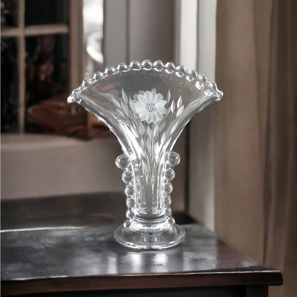 J W Hughes Candlewick Cornflower Etched Glass Vase J W Hughes Candlewick Cornflower Etched Glass Vase