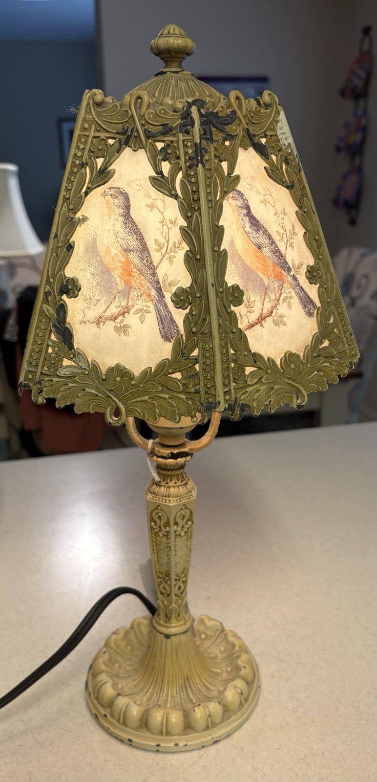 Antique 1910’s-1920’s Cast Metal Boudoir Lamp Decorative Bird Shade