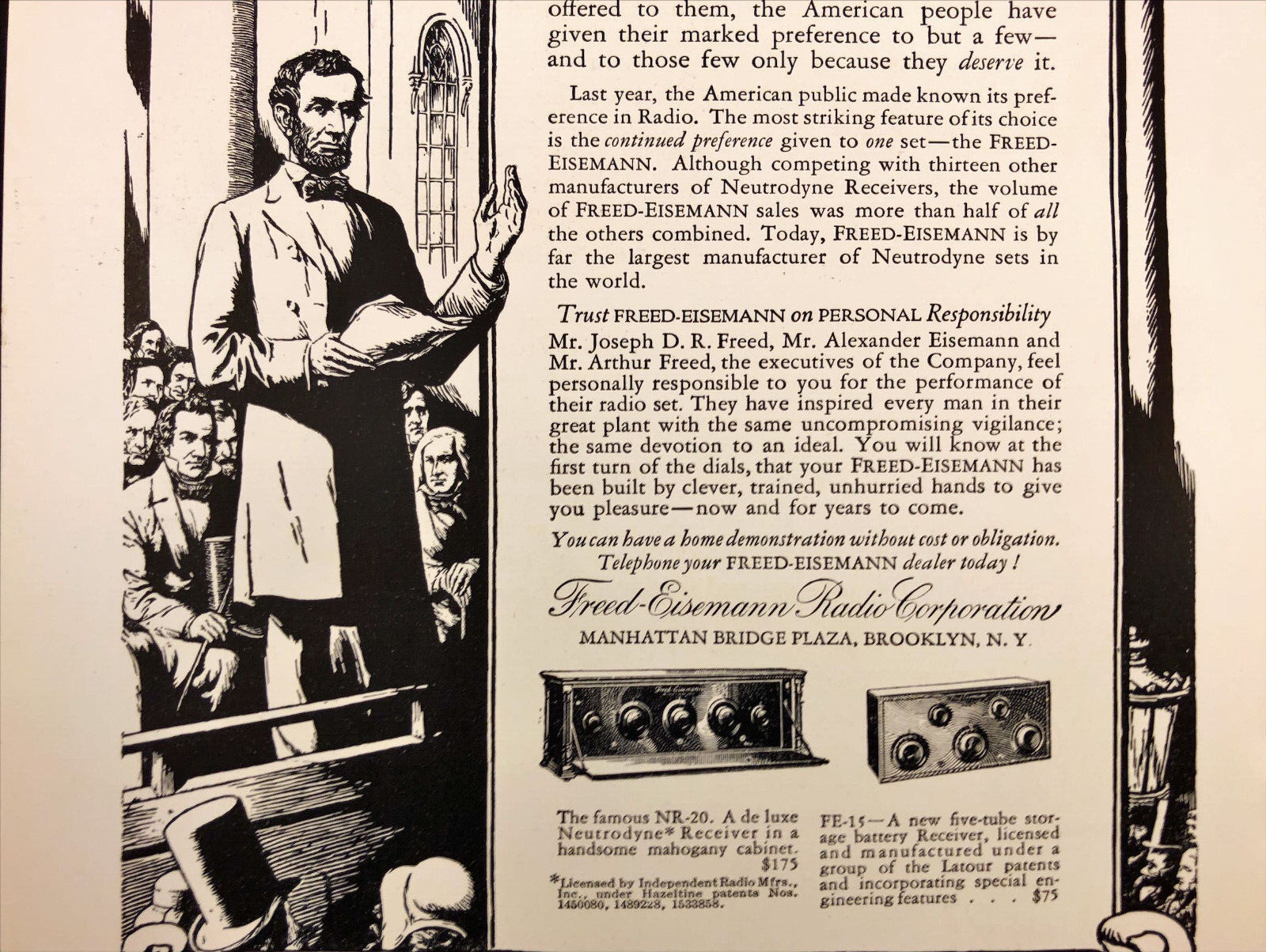 1925 Freed-Eisemann Radio Vintage Print Ad President Lincoln Speaking