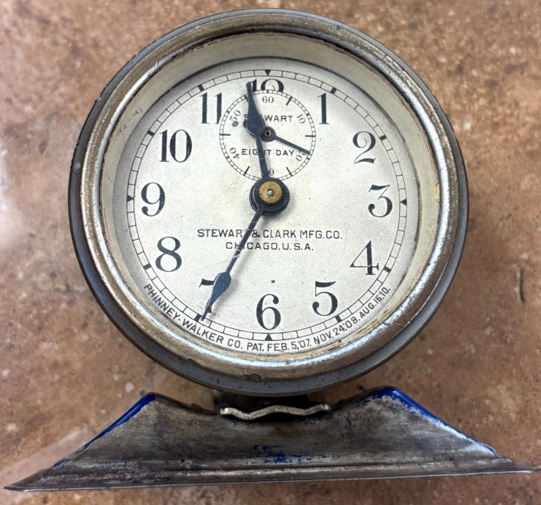 Antique Stewart & Clark Mfg Co Chicago 8 Day Mechanical Car Clock Untested