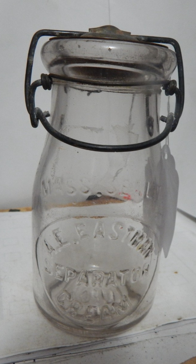 antique 1/2 pt  tin  top milk  bottle A .E. Eastman separator cream Mass Seal