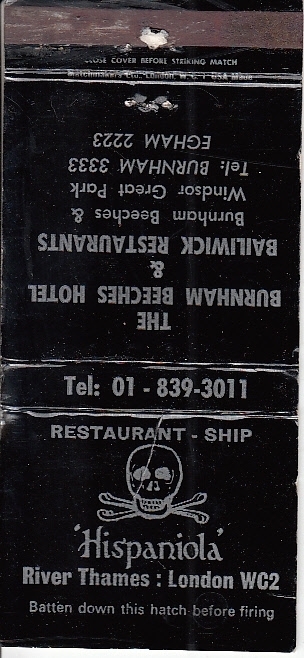 Hispaniola River Thames London UK Burnham Beeches Hotel Bailwick Matchcover