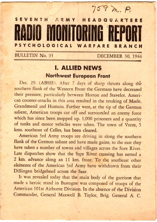Group of 8 Seventh Army HQ Radio Monitoring Report Psychological Warfare, REAL