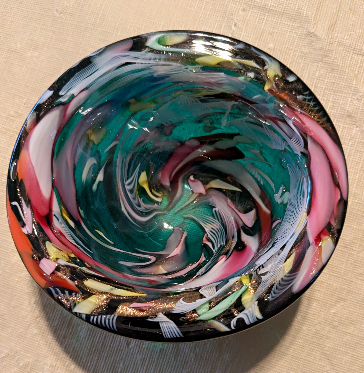 Vintage Murano Glass Bowl - small, green base, multicolors Vintage Murano Glass Bowl - small, green base, multicolors