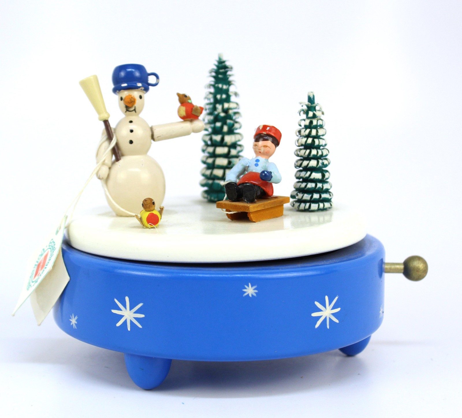 Erzgebirge Wendt Kuhn Germany Rotating Music Box Snowman, Child Sledding