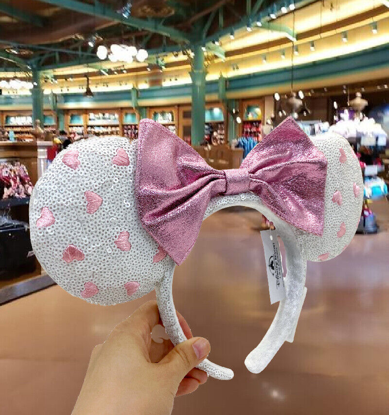 US Disney Parks White Heart Sequin Pink Valentine's Day Bow Minnie Ears Headband