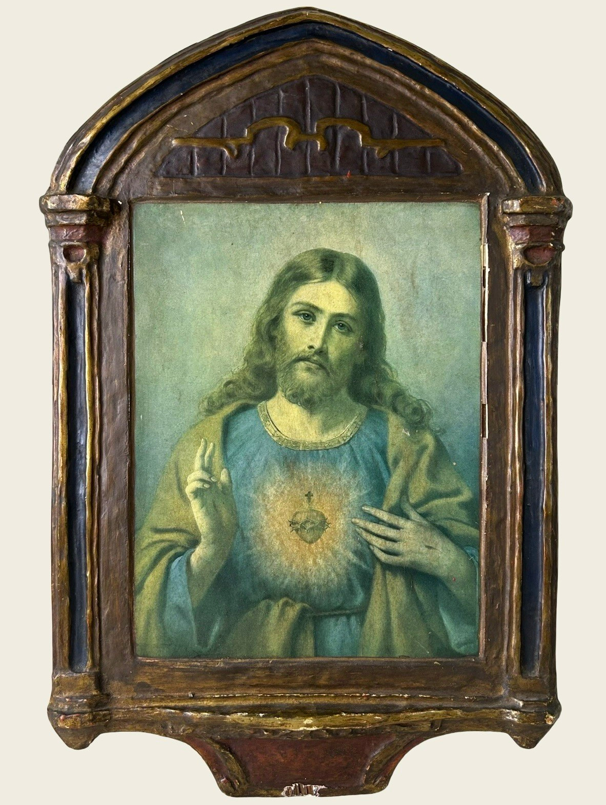 Vintage Sacred Heart of Jesus Arched Wooden Plaque 17.25” has some cracking