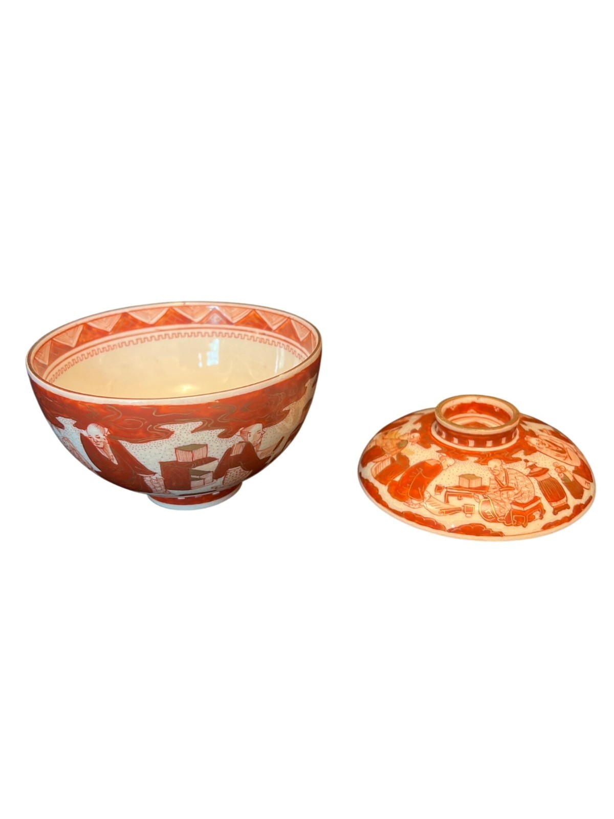 Vintage Japanese Kutani Porcelain Rice Bowl With Lid Red Geometric Scenic Design Vintage Japanese Kutani Porcelain Rice Bowl With Lid Red Geometric Scenic Design