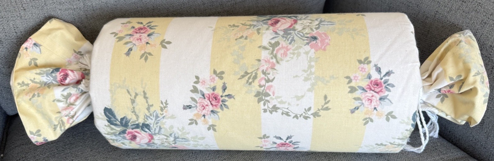 VTG Laura Ashley Fabric Bolster Pillow Yellow White Pink Roses English Country