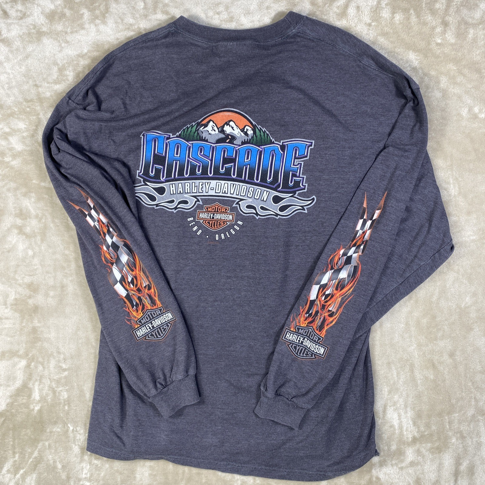 Harley-Davidson 2XL Shirt Cascade Bend Oregon Gray Flames Made USA Hanes Beefy