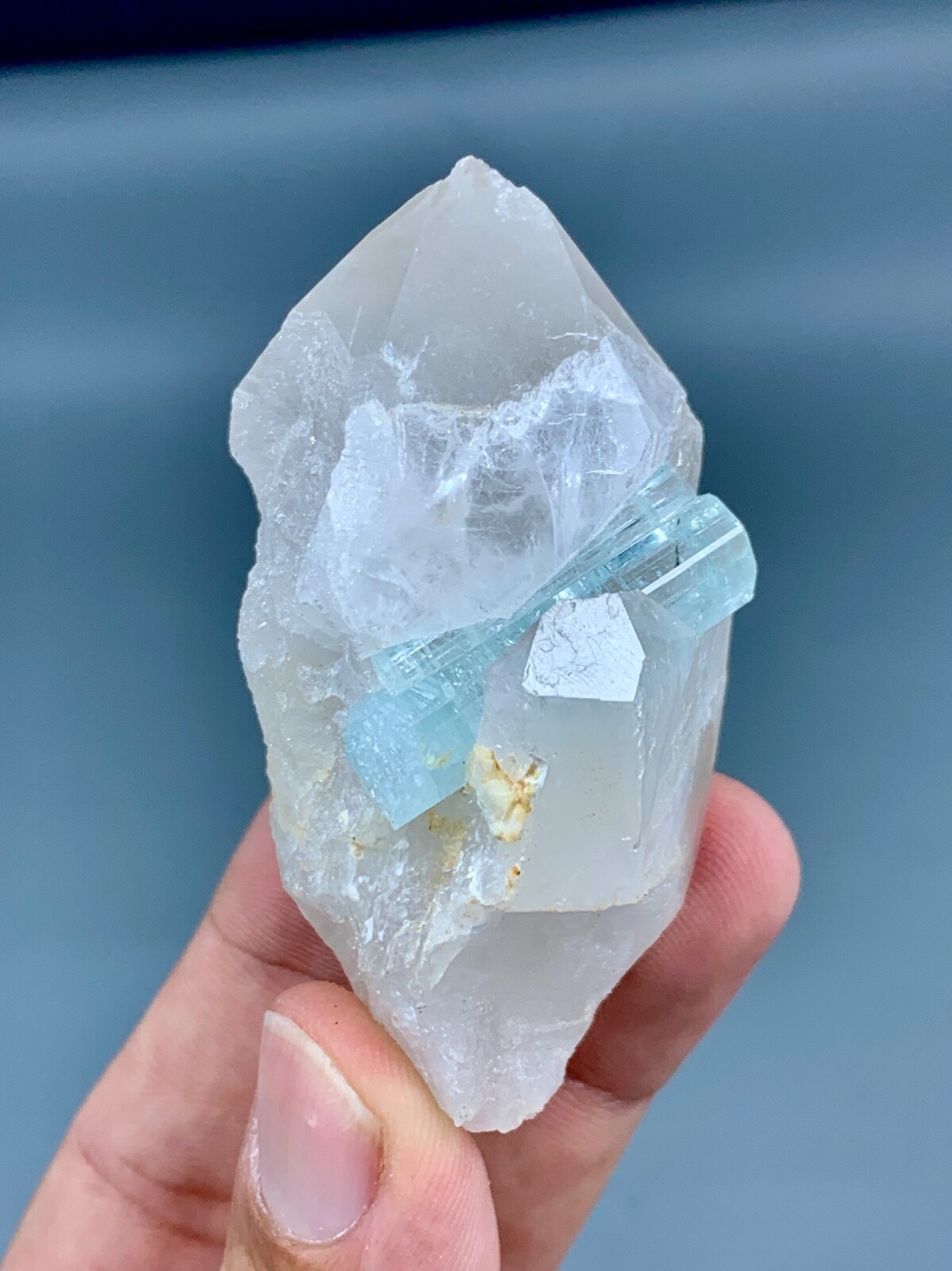 96 GM Twin Terminated Aquamarine Transparent Crystals On Quartz