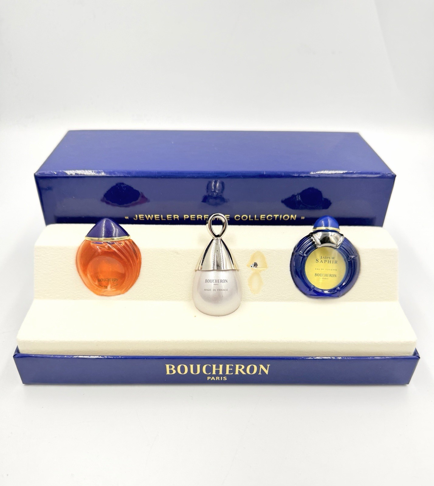 Vtg Boucheron Paris Jeweler Perfume Collection 3 Minis NIB Jaipur Saphir Initial