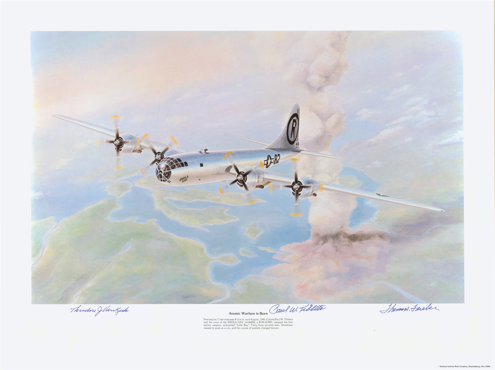 Enola Gay Lithograph signed by 3--Pilot Tibbets-Bombardier-Ferebee-Navig vanKirk Enola Gay Lithograph signed by 3--Pilot Tibbets-Bombardier-Ferebee-Navig vanKirk