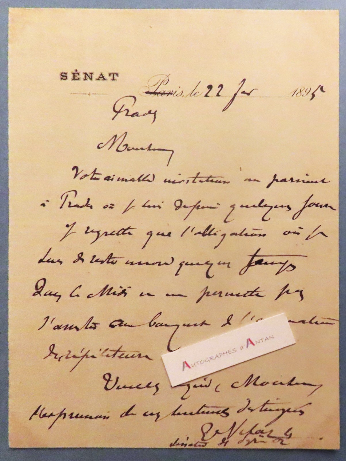 ● L.A.S 1895 Édouard VILAR Senator born Prades (Pyrénées Orientales) Senate letter