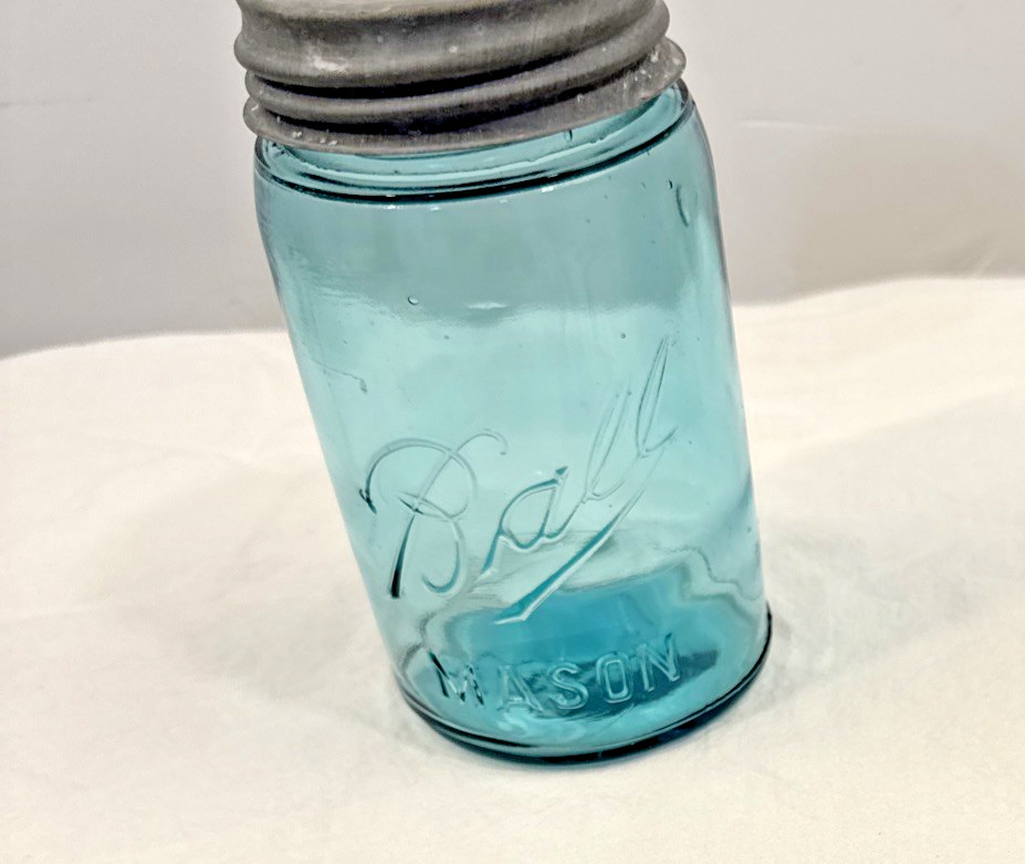 Antique 1900-23 BALL Mason Aqua Blue 1 Pint Canning Jar w/Zinc Lid, Air Bubbles Antique 1900-23 BALL Mason Aqua Blue 1 Pint Canning Jar w/Zinc Lid, Air Bubbles