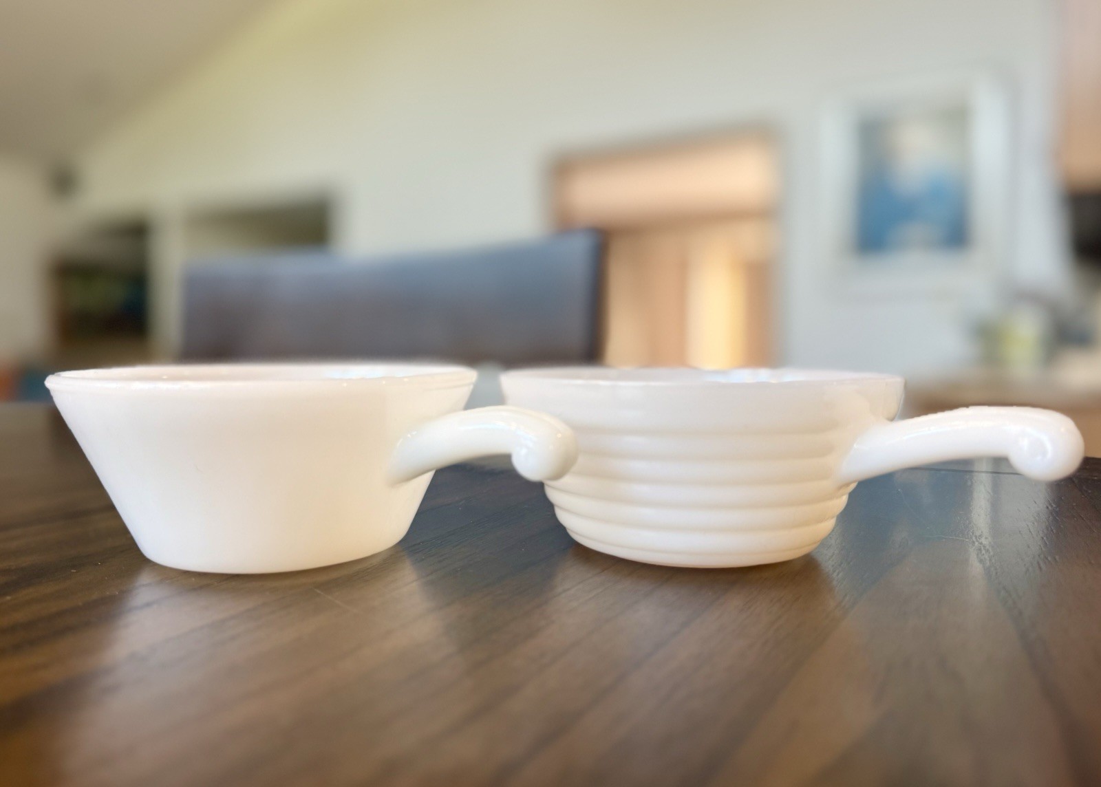 Fire King White Milk Glass Soup Bowls w Handles Set of 2 Vintage Anchor Hocking