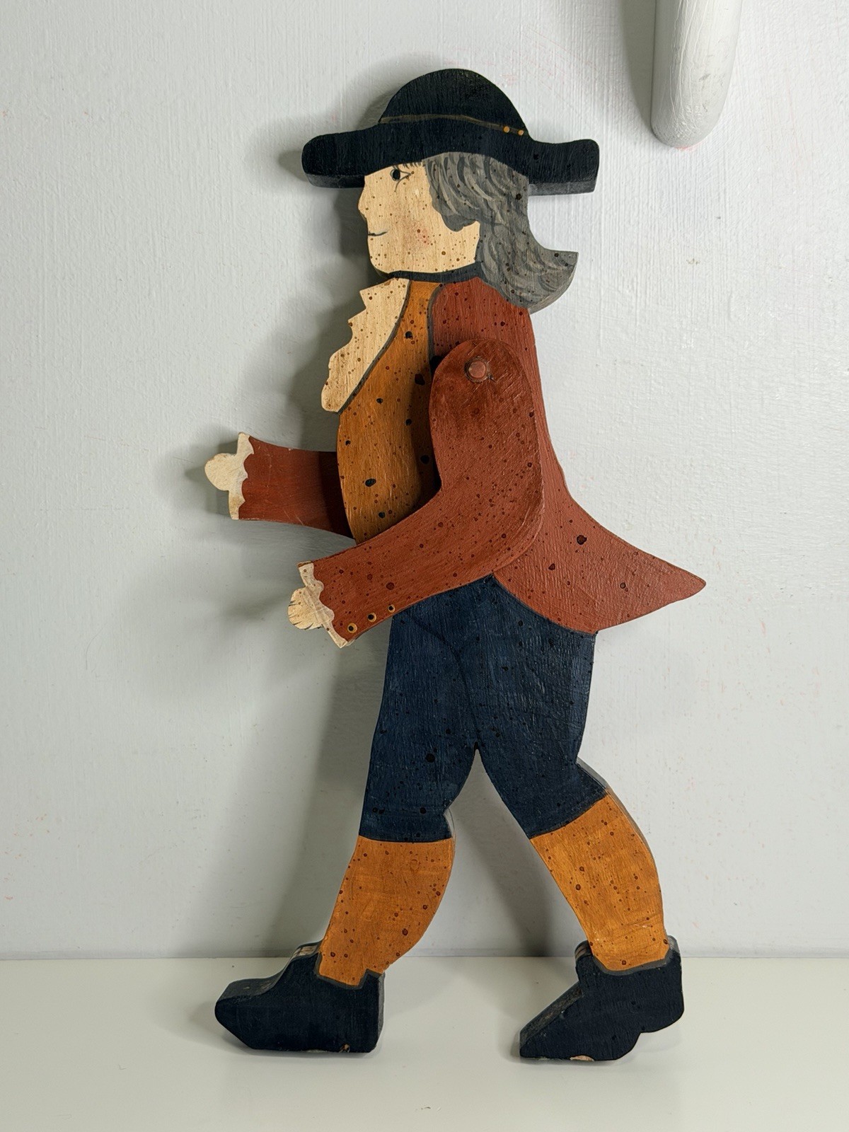 VTG Folk Art Wood Colonial Man Walking Figure Articulated Arms Primitive 12”