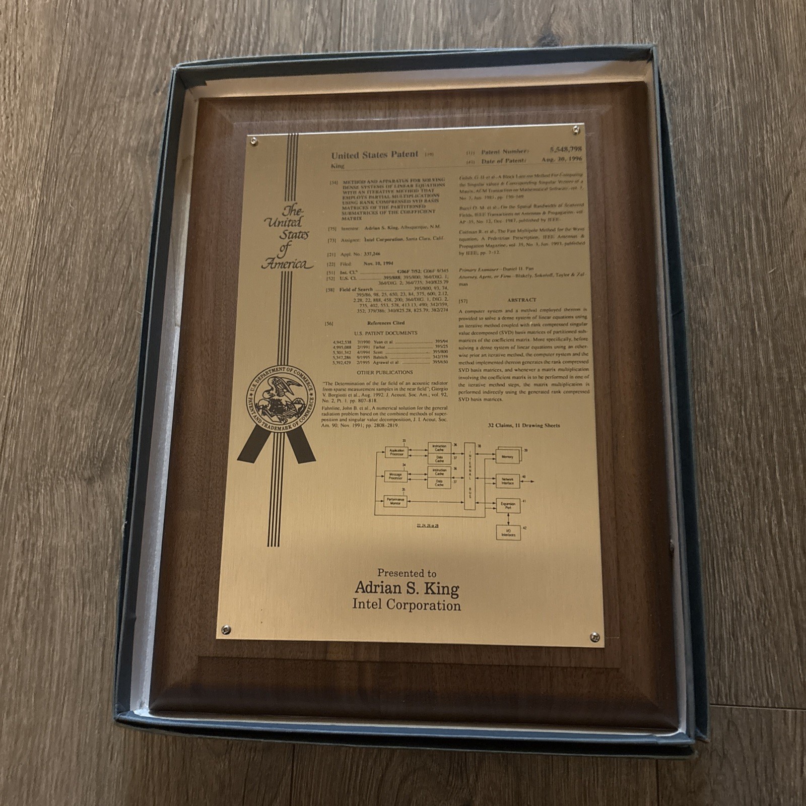 Vintage 1996 Intel  US patent Award Plaque