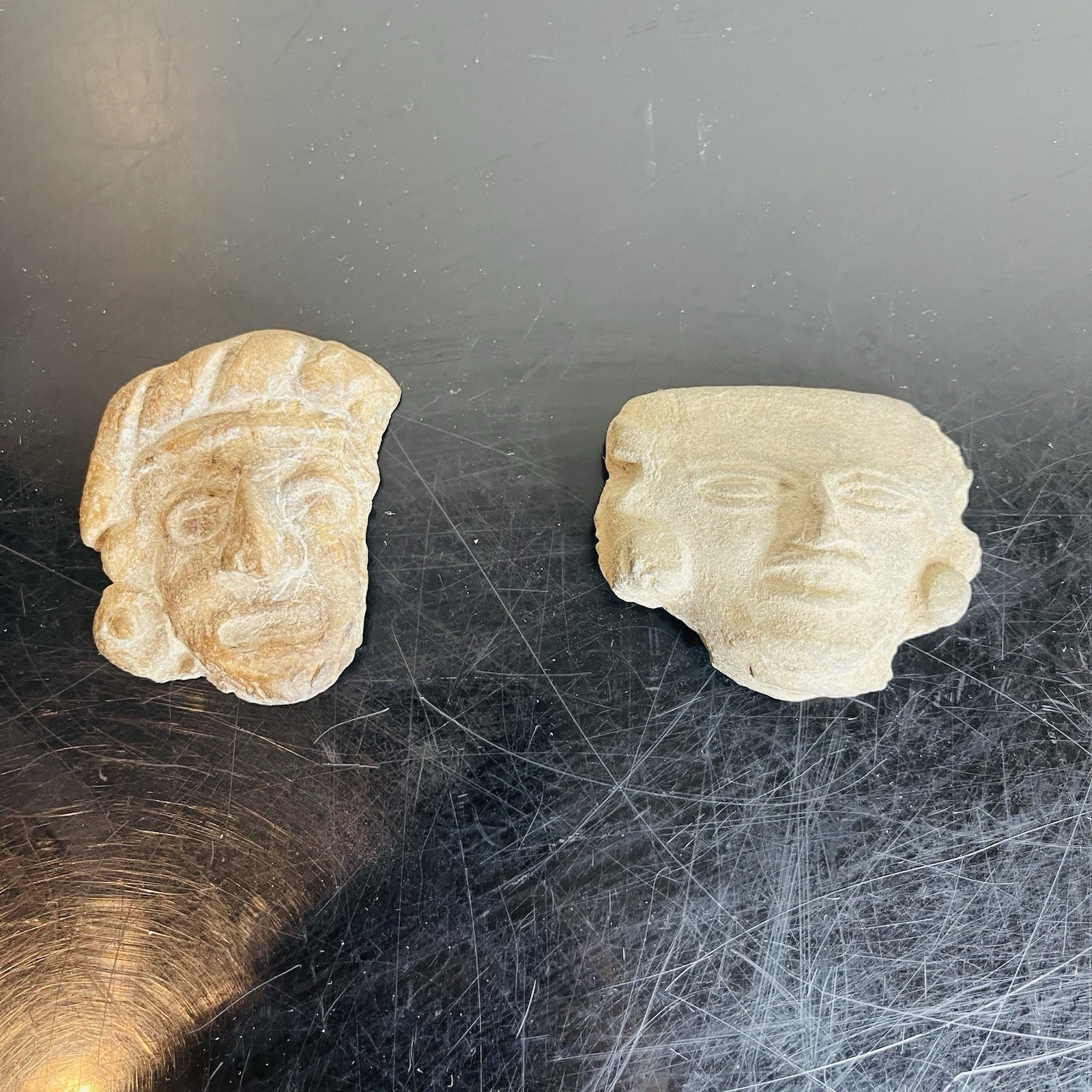 Pair Of Pre-Columbian Ancient Artifacts- Mayan Clay Face/Heads