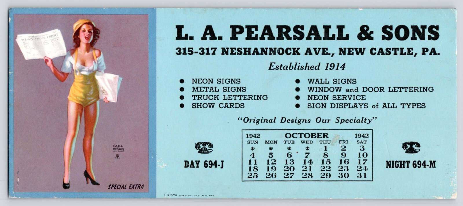 L. A. Pearsall & Sons Printer Advertiser Blotter New Castle Pennsylvania c1945 L. A. Pearsall & Sons Printer Advertiser Blotter New Castle Pennsylvania c1945