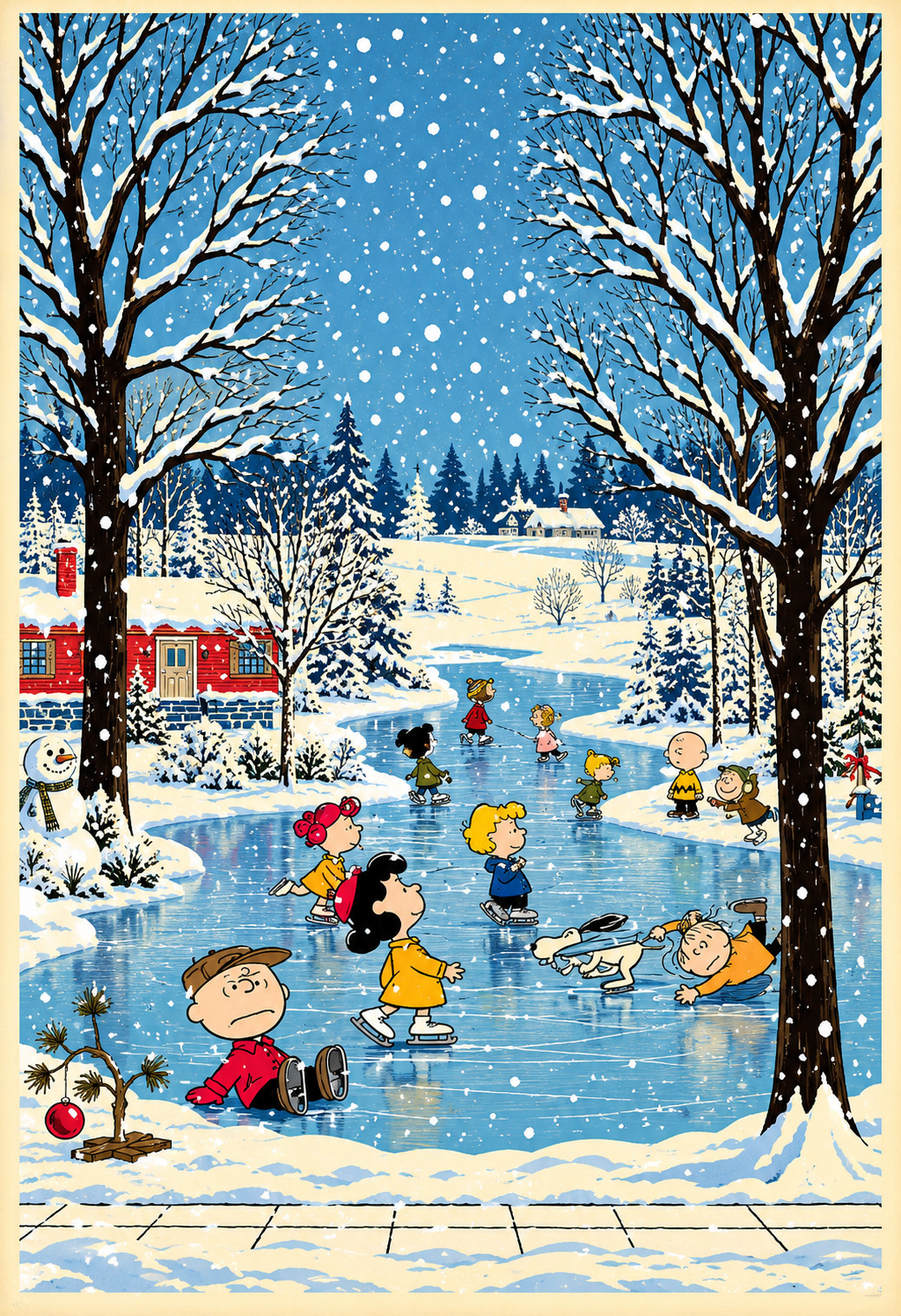 Peanuts Snoopy Charlie Brown Winter Ice Skating Vintage Style Poster 13x19